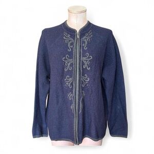 Karen Scott Navy Blue Wool Embroidered Zip Sweater